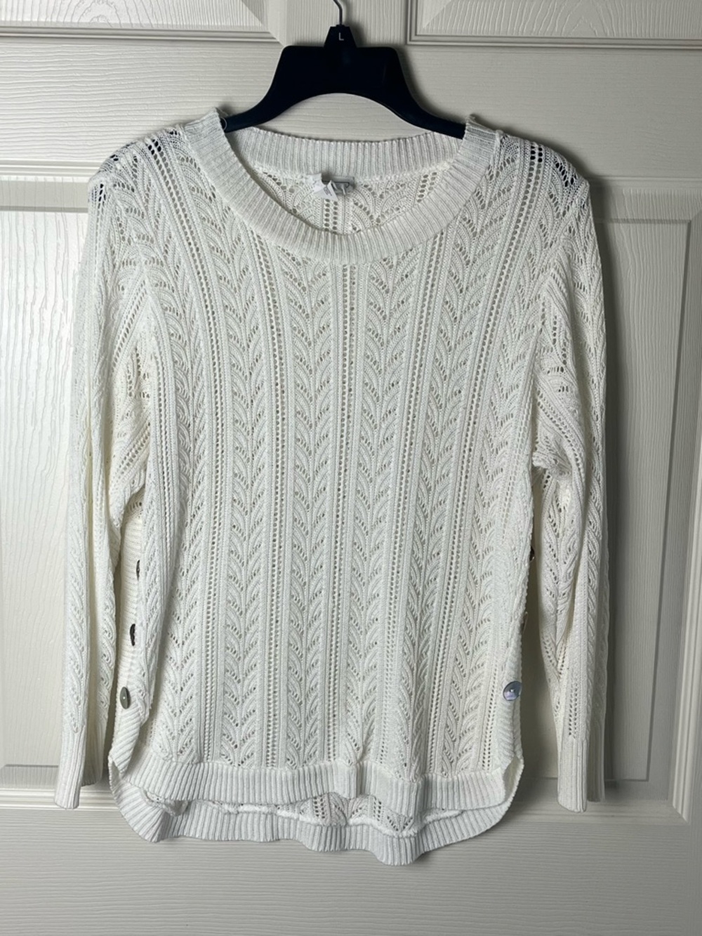 Women's White Open-Knit Crewneck Sweater